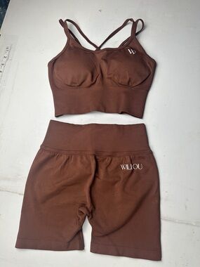 Willow Seamless Ribbed Crop Bralette & Bike Shorts Set - Brown